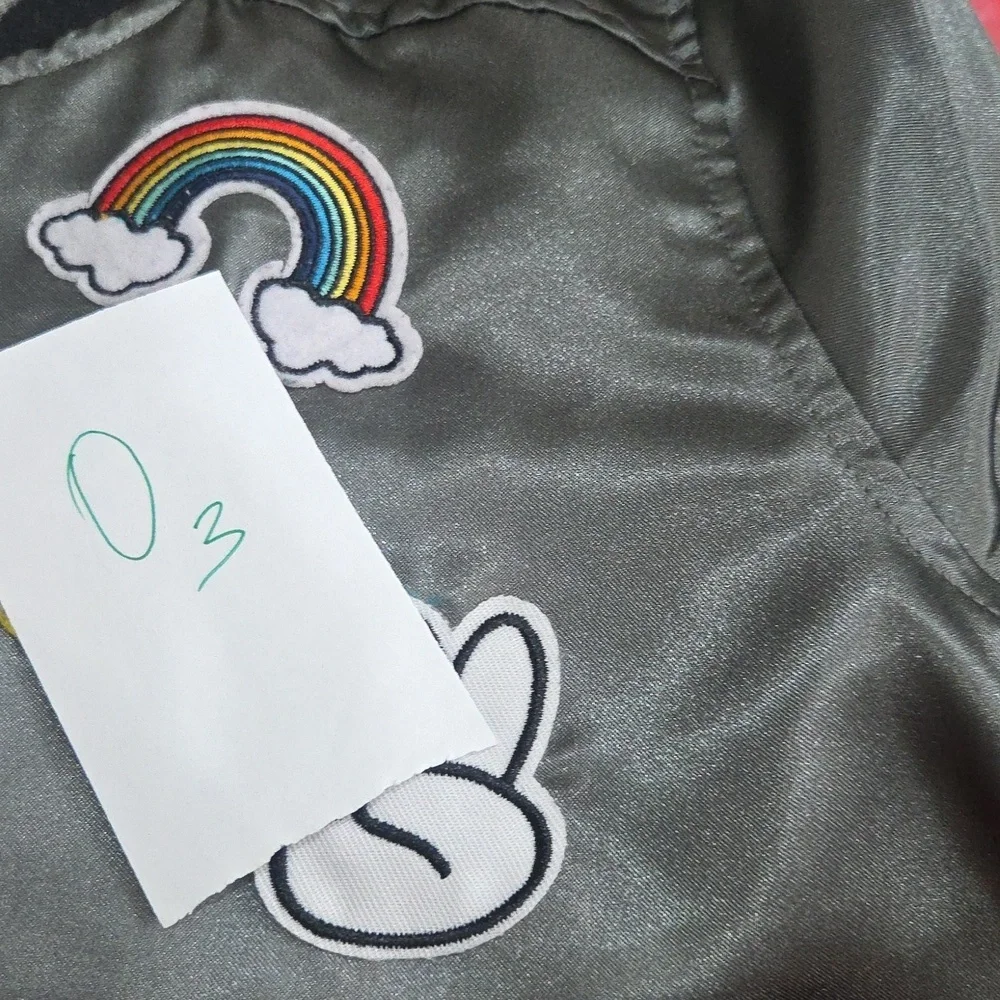 Knit works girls satin jacket Size L army color polyester Patches
